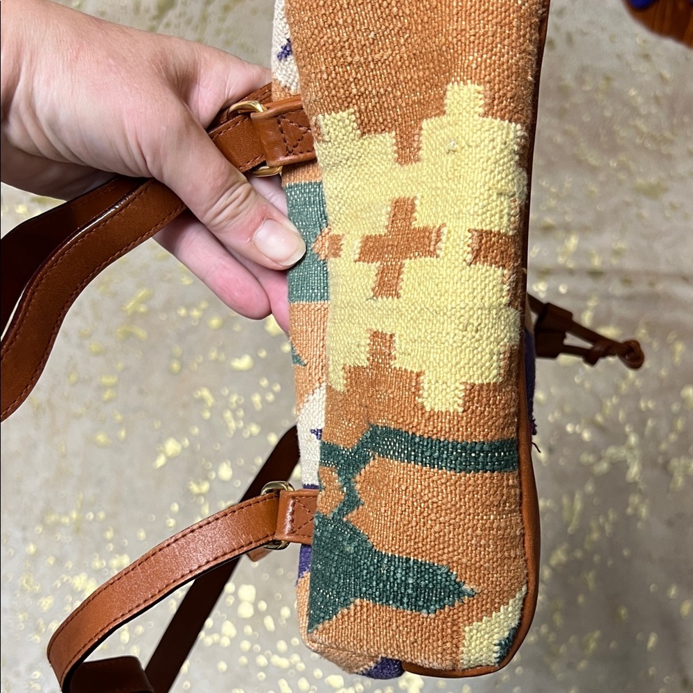 Muted Pastels Pink Tan Woven Kilim Tapestry Backpack Leather Trim Boho Festival - Picture 5 of 5